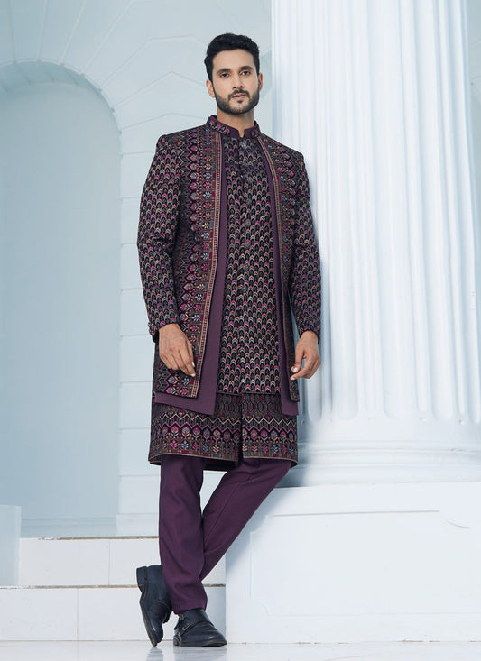 Wine Velvet Computer Embroidered Indo Western Outfit