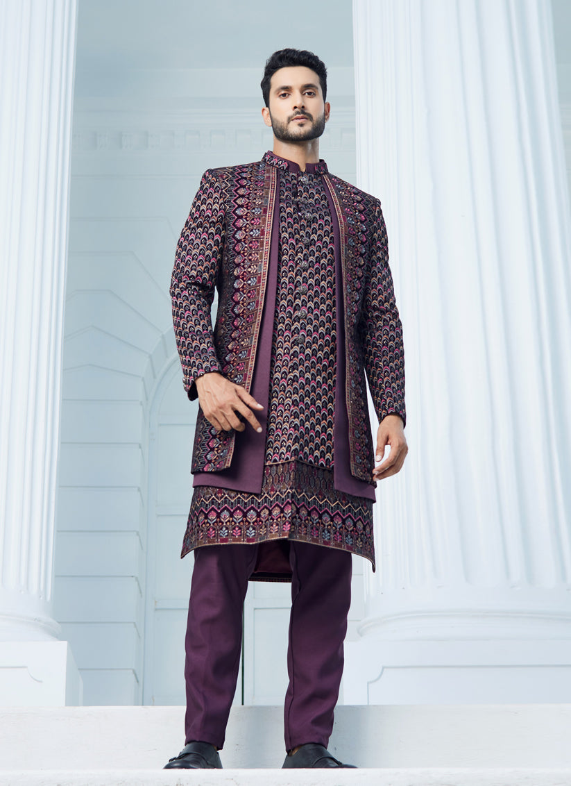 Wine Velvet Computer Embroidered Indo Western Outfit