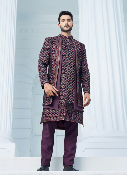 Wine Velvet Computer Embroidered Indo Western Outfit