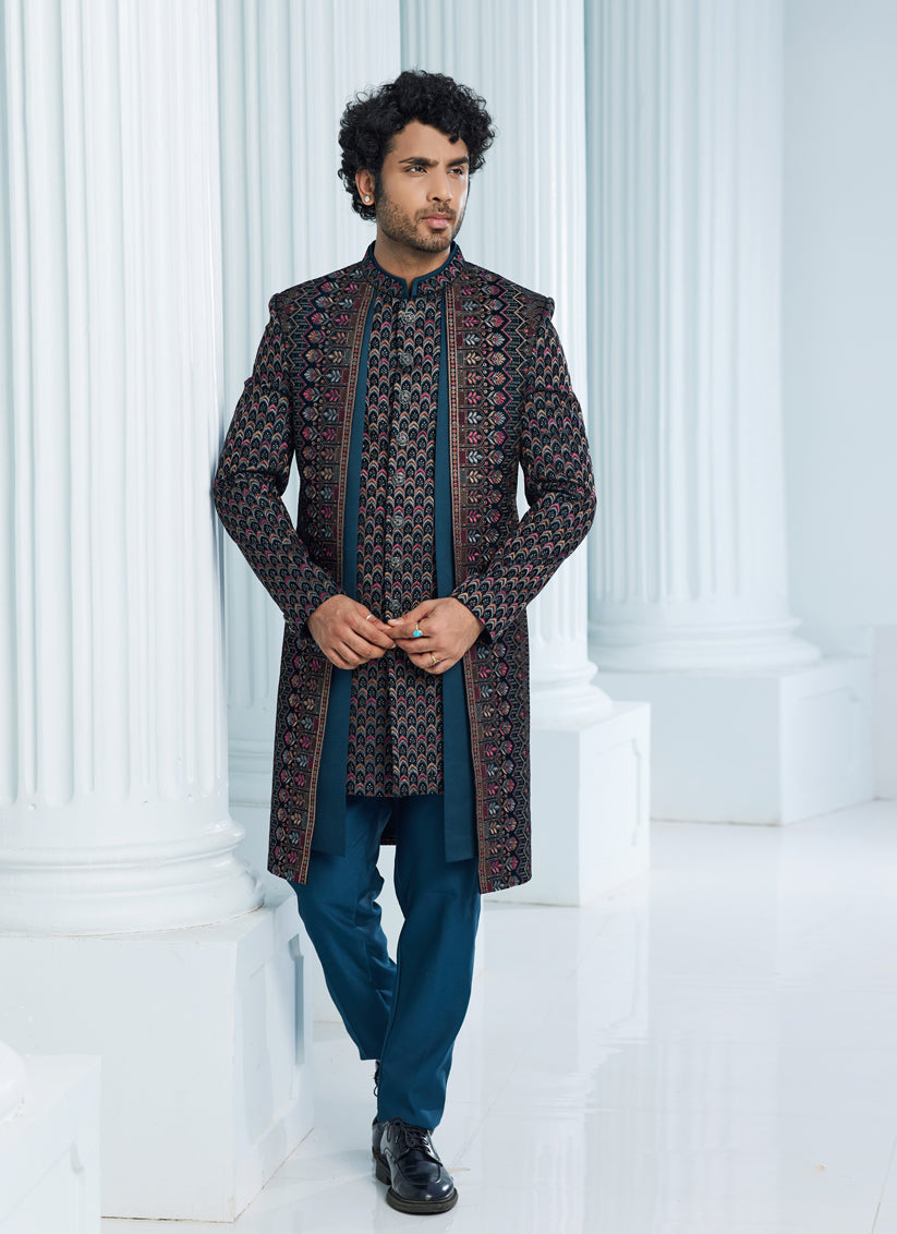 Teal Green Velvet Computer Embroidered Indo Western Outfit