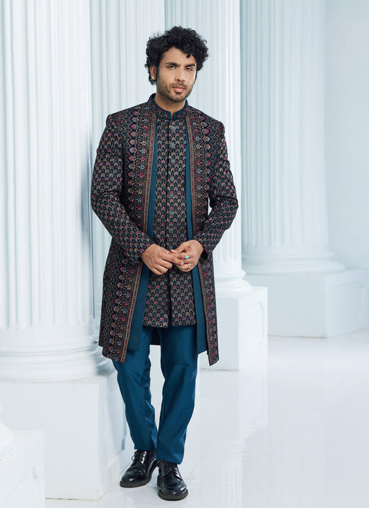 Teal Green Velvet Computer Embroidered Indo Western Outfit