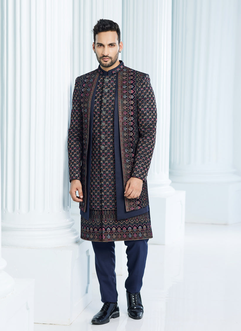 Navy Blue Velvet Computer Embroidered Indo Western Outfit