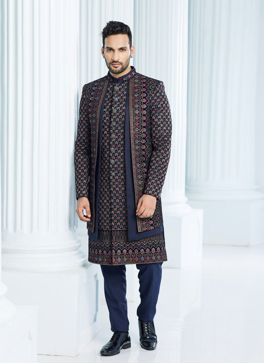 Navy Blue Velvet Computer Embroidered Indo Western Outfit
