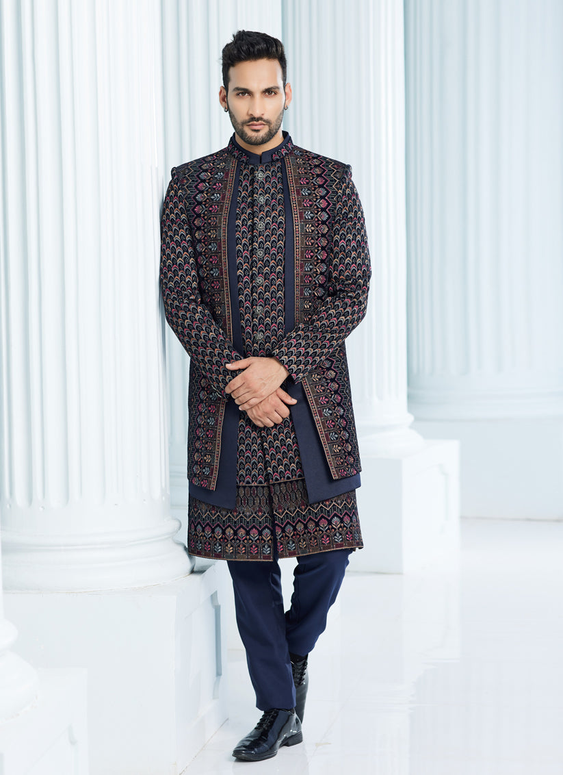 Navy Blue Velvet Computer Embroidered Indo Western Outfit