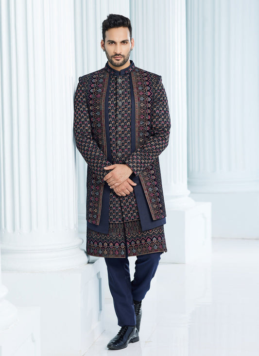 Navy Blue Velvet Computer Embroidered Indo Western Outfit