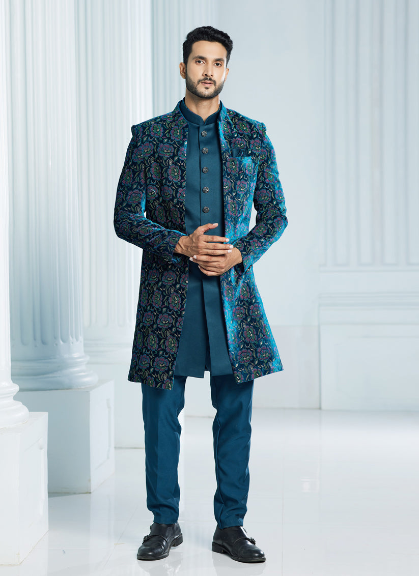 Teal Green Velvet Computer Embroidered Indo Western Outfit