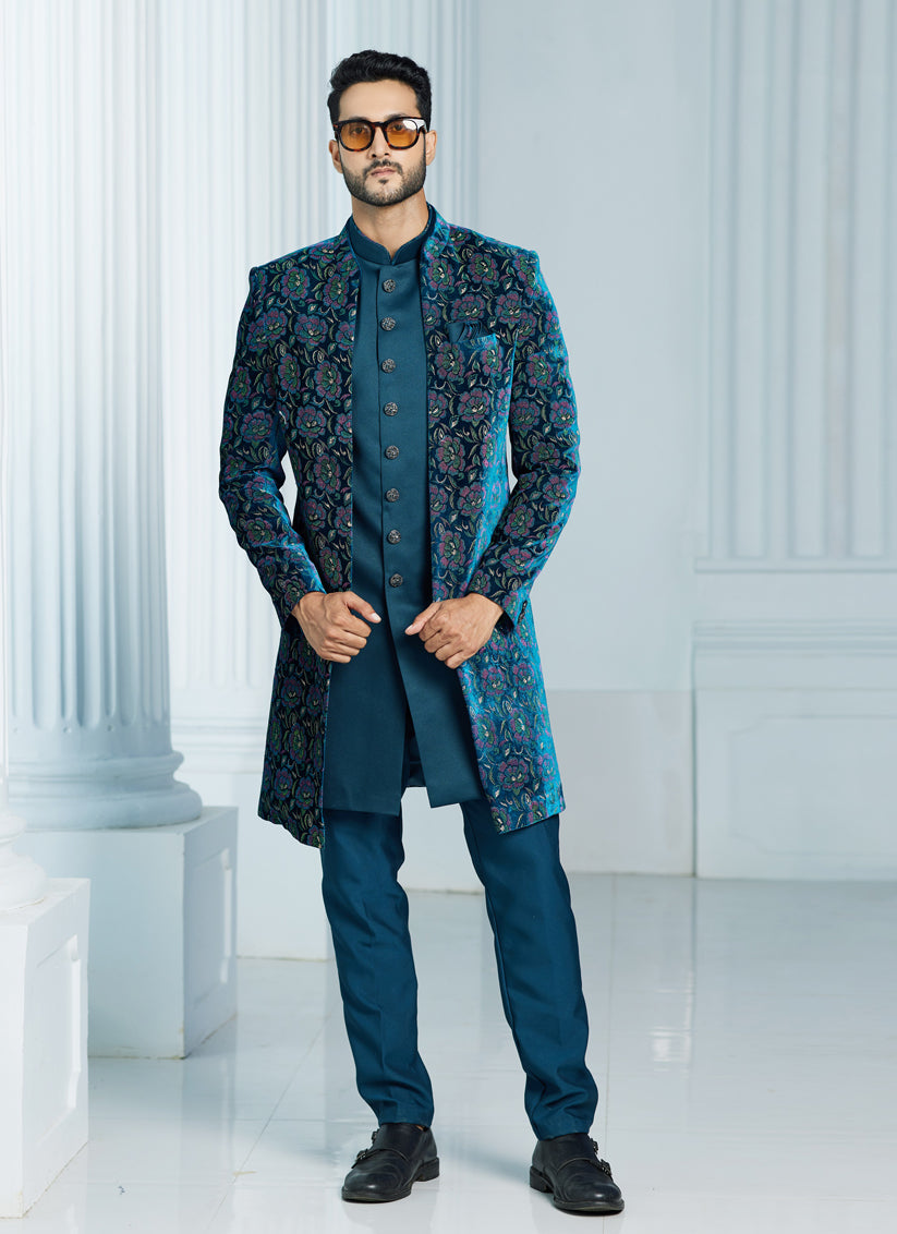 Teal Green Velvet Computer Embroidered Indo Western Outfit