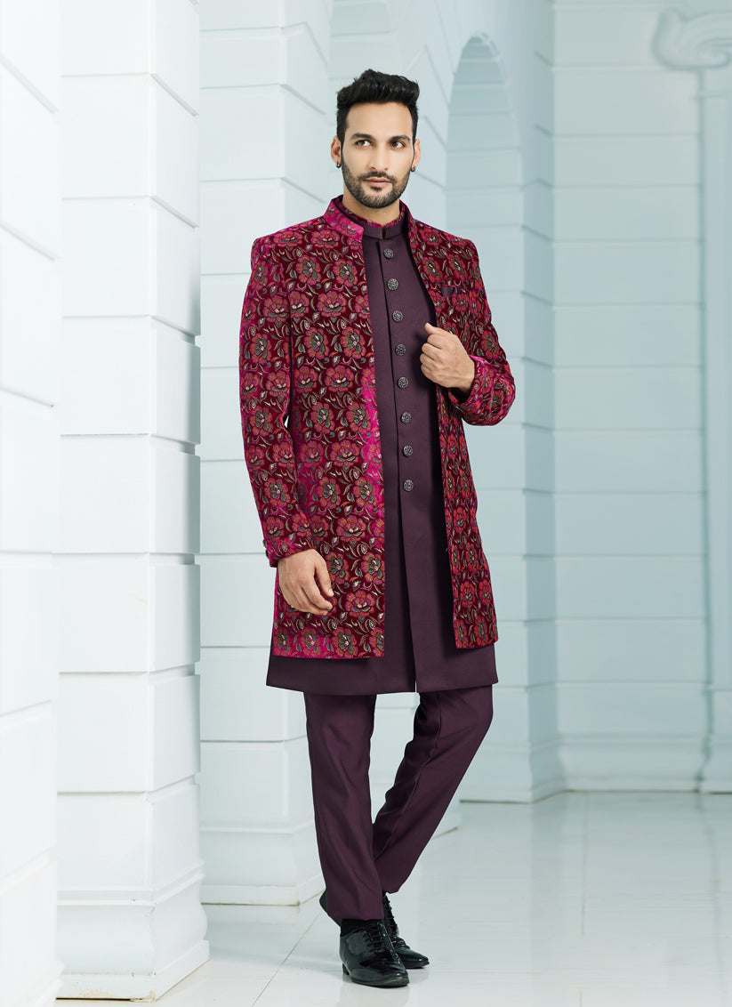 Wine Velvet Computer Embroidered Indo Western Outfit