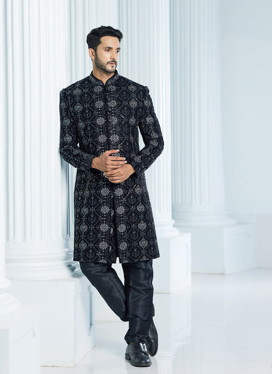 Black Velvet Computer Embroidered Indo Western Outfit