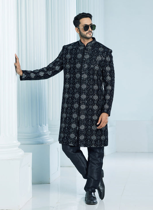 Black Velvet Computer Embroidered Indo Western Outfit