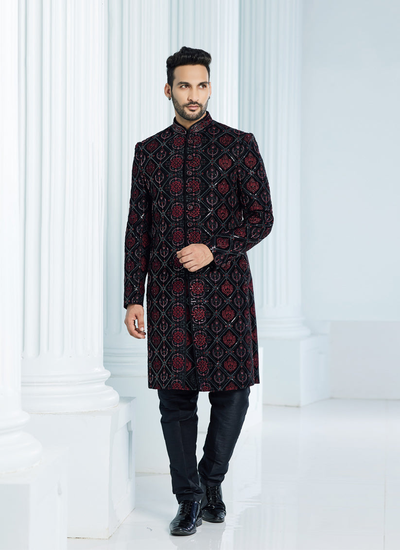 Black Velvet Computer Embroidered Indo Western Outfit