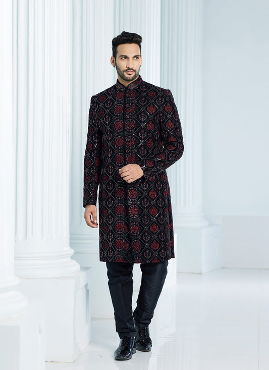 Black Velvet Computer Embroidered Indo Western Outfit