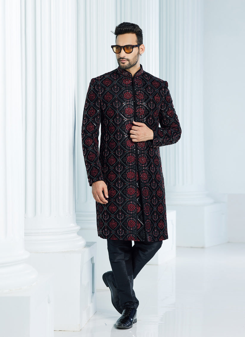 Black Velvet Computer Embroidered Indo Western Outfit