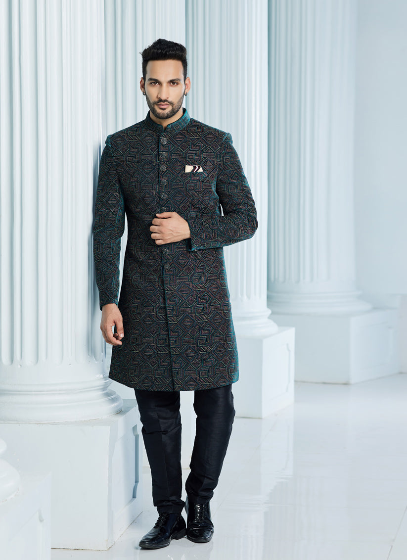 Teal Green Velvet Computer Embroidered Indo Western Outfit