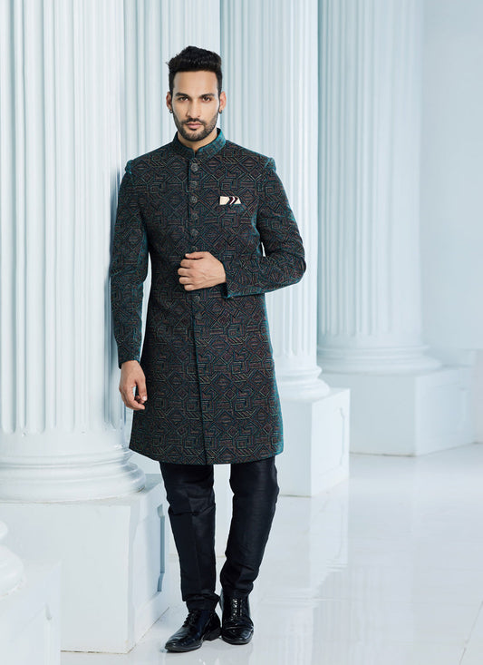 Teal Green Velvet Computer Embroidered Indo Western Outfit