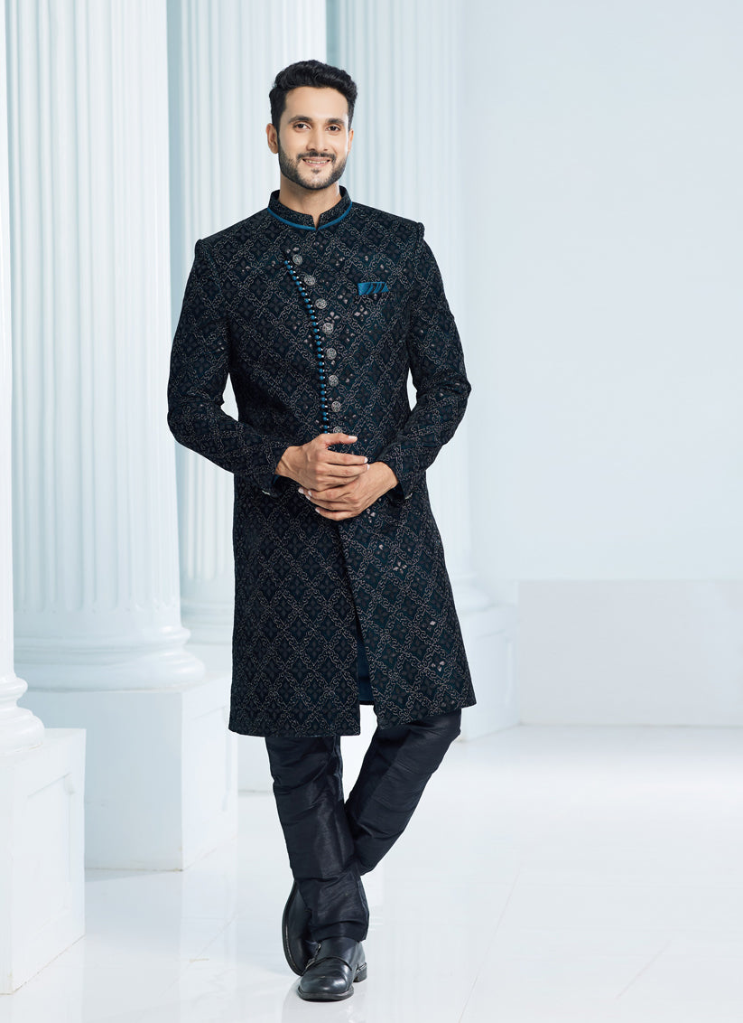 Teal Green Velvet Computer Embroidered Indo Western Outfit