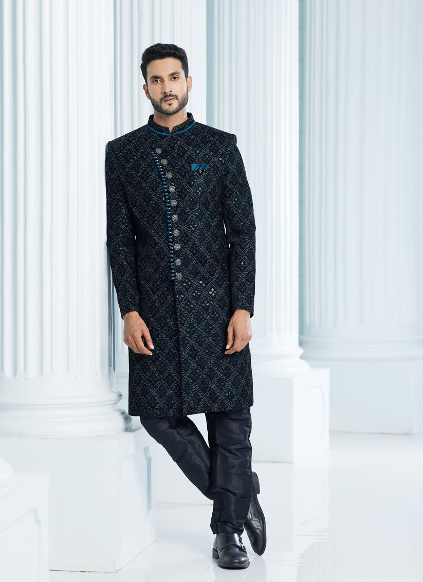 Teal Green Velvet Computer Embroidered Indo Western Outfit