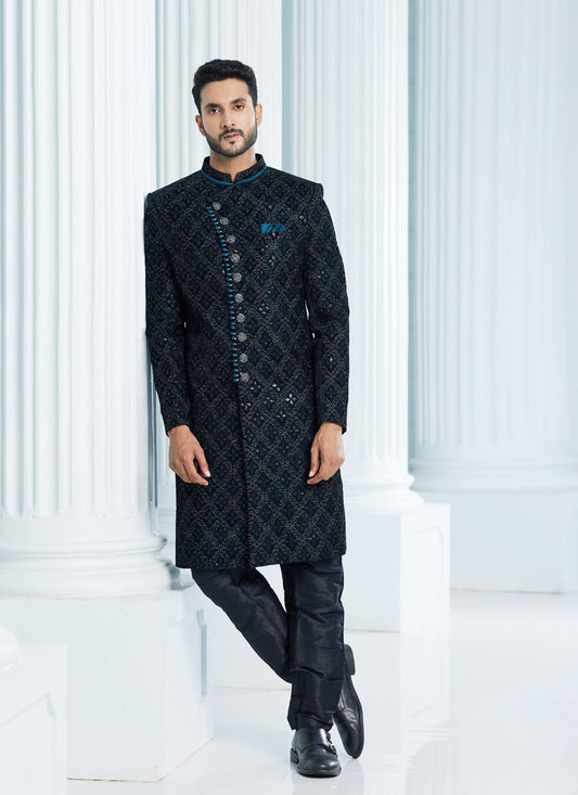 Teal Green Velvet Computer Embroidered Indo Western Outfit