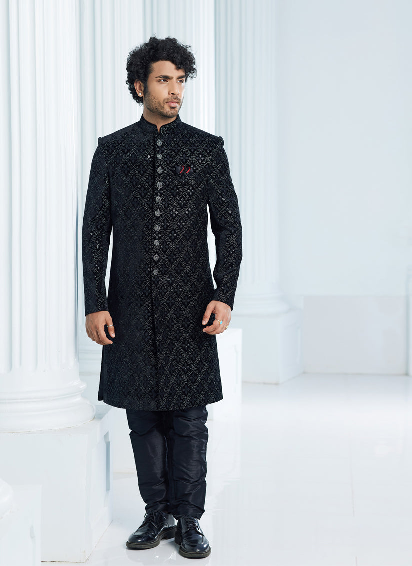 Black Velvet Computer Embroidered Indo Western Outfit