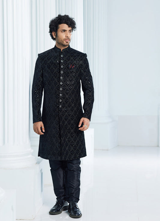 Black Velvet Computer Embroidered Indo Western Outfit