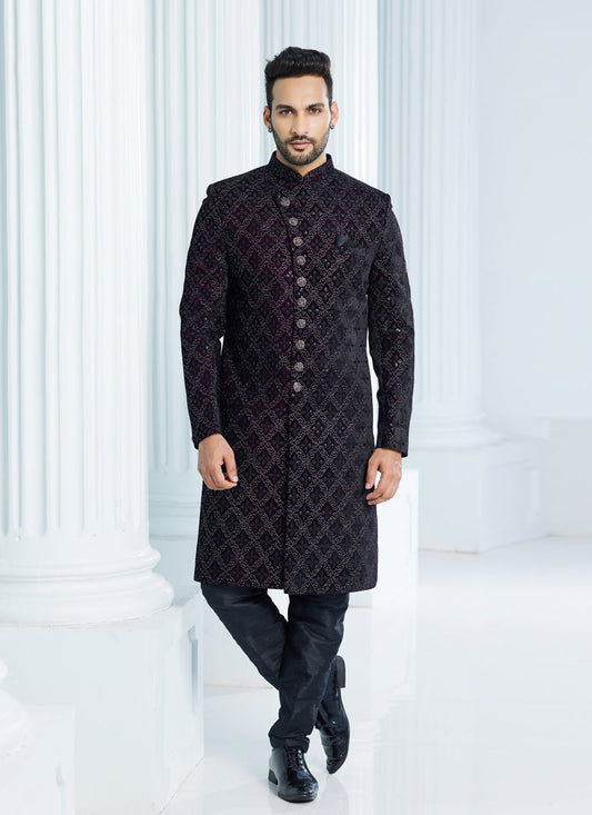Wine Velvet Computer Embroidered Indo Western Outfit