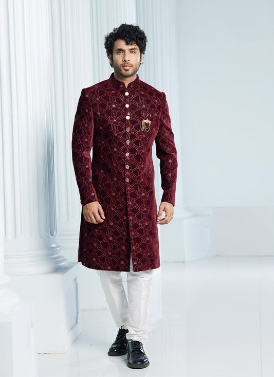 Wine Velvet Computer Embroidered Indo Western Outfit