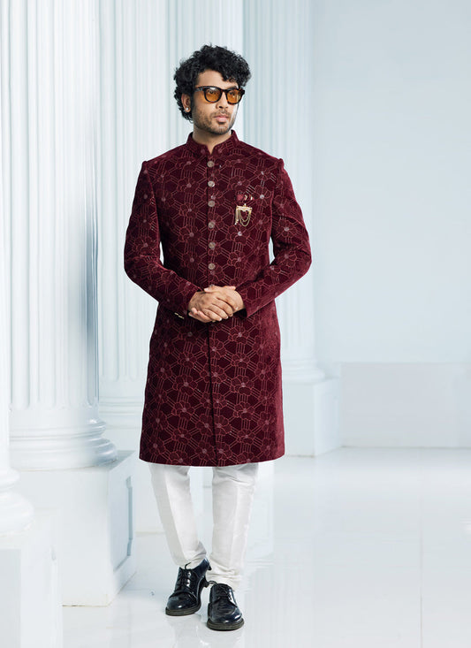 Wine Velvet Computer Embroidered Indo Western Outfit