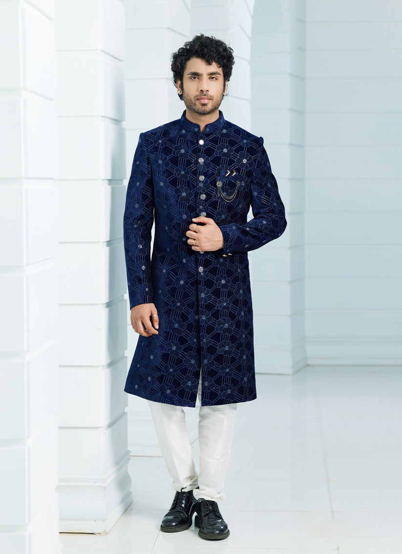 Navy Blue Velvet Computer Embroidered Indo Western Outfit