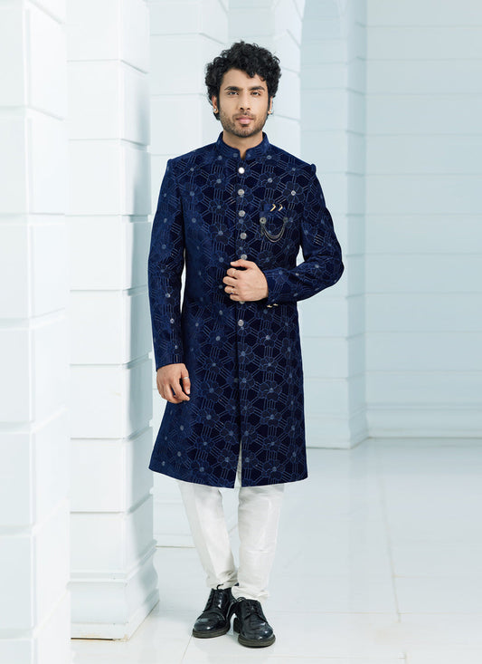 Navy Blue Velvet Computer Embroidered Indo Western Outfit