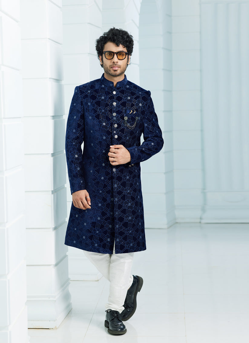 Navy Blue Velvet Computer Embroidered Indo Western Outfit