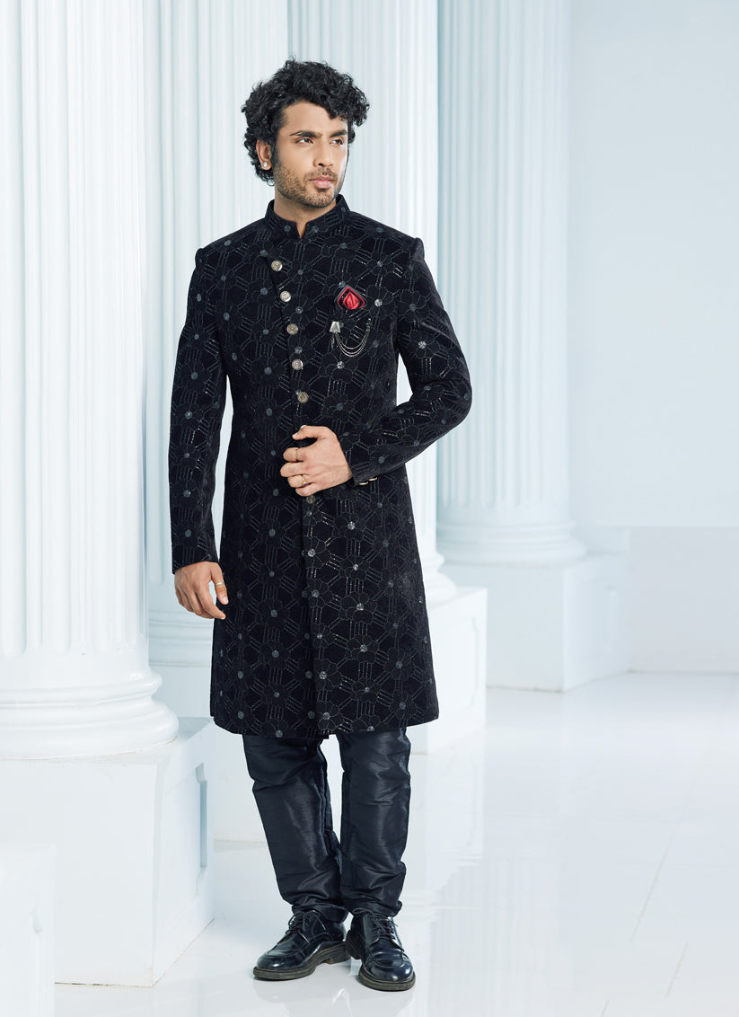 Black Velvet Computer Embroidered Indo Western Outfit