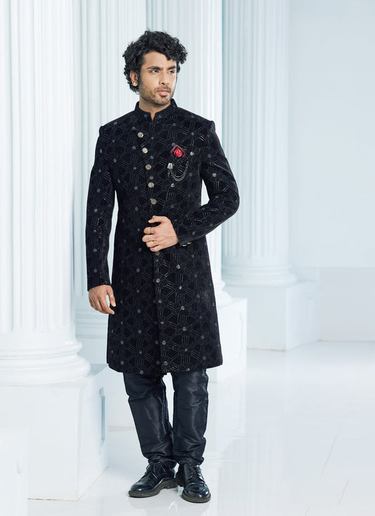 Black Velvet Computer Embroidered Indo Western Outfit