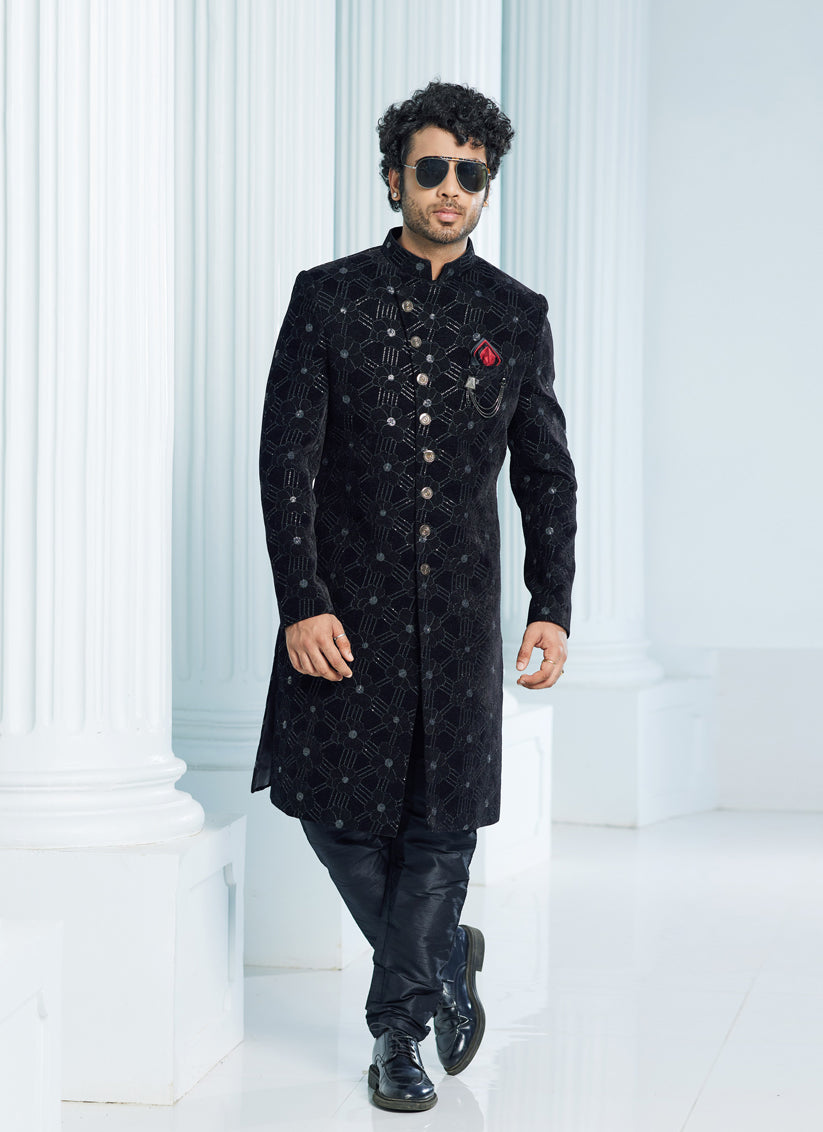 Black Velvet Computer Embroidered Indo Western Outfit