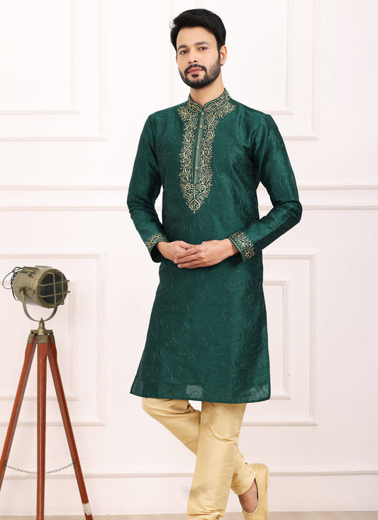 Bottle Green Banarasi Silk Thread Work Kurta Set