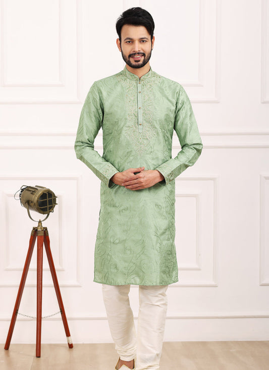 Pista Green Banarasi Silk Thread Work Kurta Set