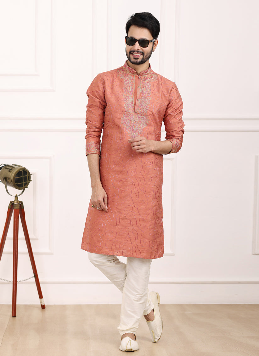 Carrot Red Banarasi Silk Thread Work Kurta Set