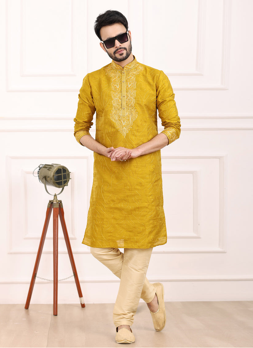 Mustard Yellow Banarasi Silk Thread Work Kurta Set