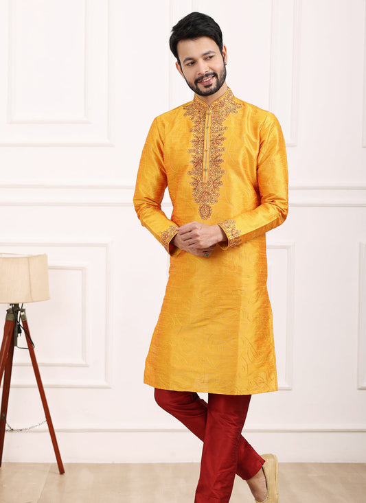 Golden Yellow Banarasi Silk Thread Work Kurta Set