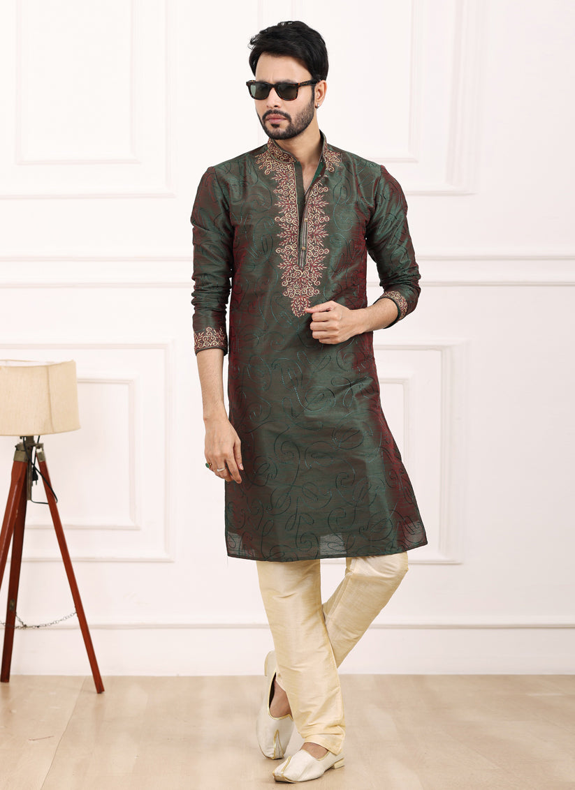Bottle Green Banarasi Silk Thread Work Kurta Set