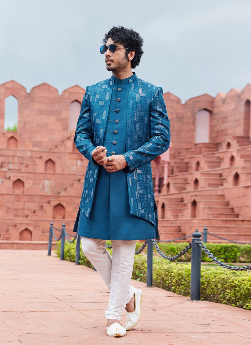 Teal Blue Computer Embroidered Indo Western Outfit