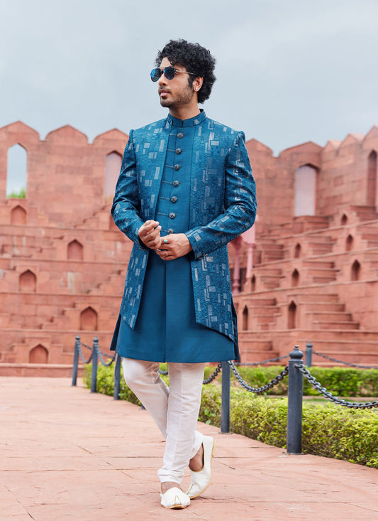 Teal Blue Computer Embroidered Indo Western Outfit