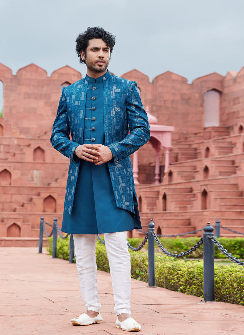 Teal Blue Computer Embroidered Indo Western Outfit