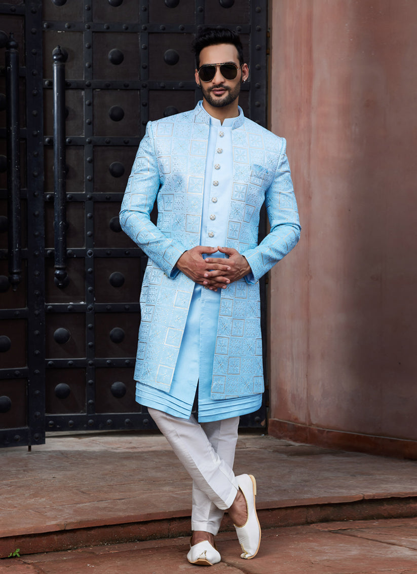 Sky Blue Computer Embroidered Indo Western Outfit