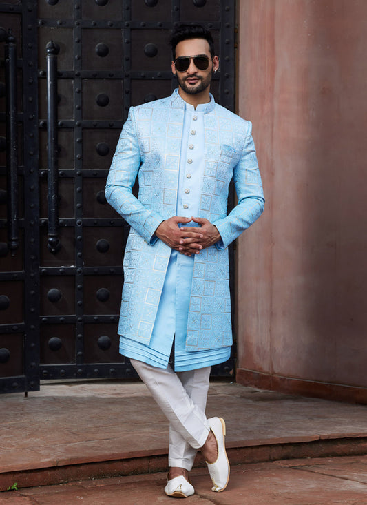 Sky Blue Computer Embroidered Indo Western Outfit
