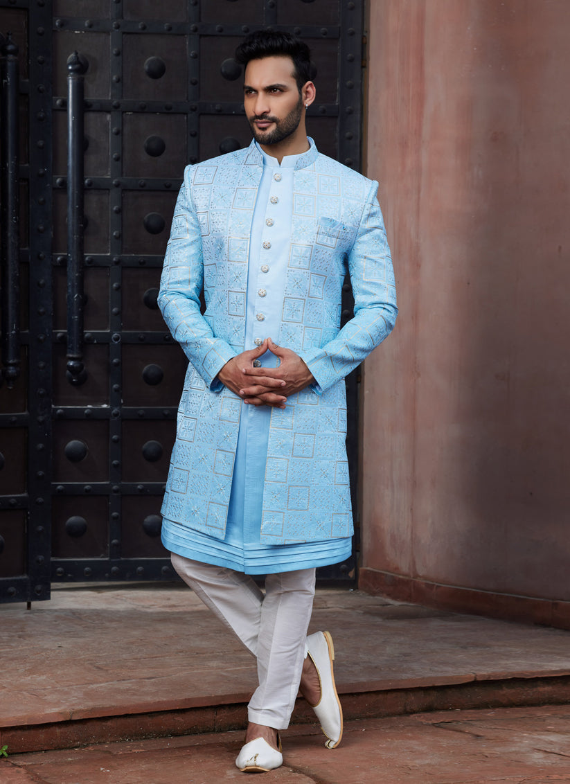 Sky Blue Computer Embroidered Indo Western Outfit