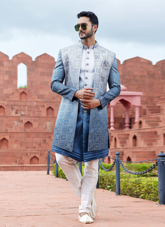 Navy Blue Computer Embroidered Indo Western Outfit