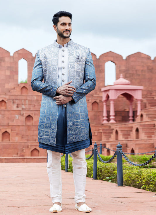 Navy Blue Computer Embroidered Indo Western Outfit