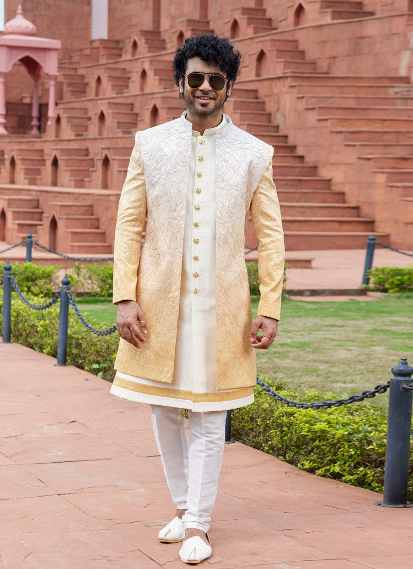 Yellow Computer Embroidered Indo Western Outfit