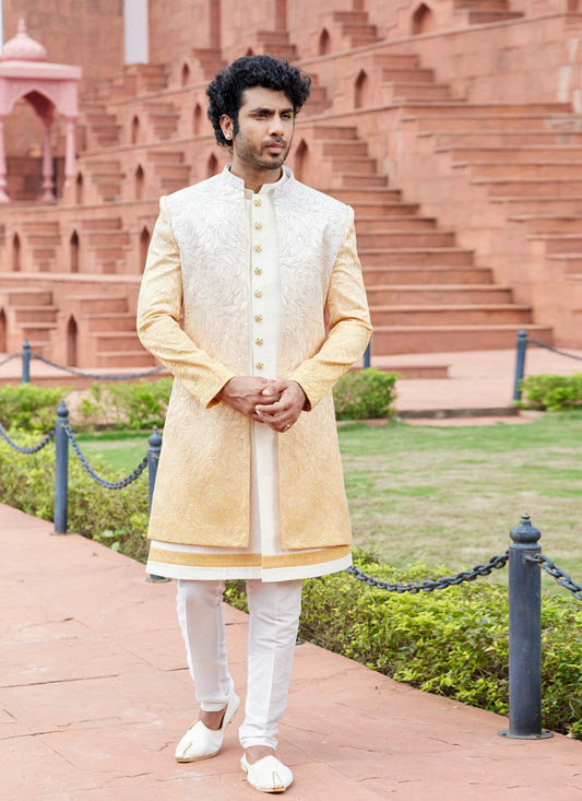 Yellow Computer Embroidered Indo Western Outfit