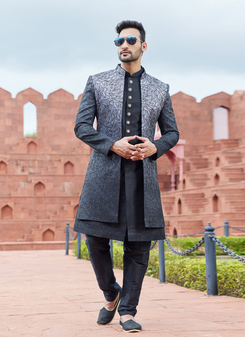 Charcoal Grey Computer Embroidered Indo Western Outfit